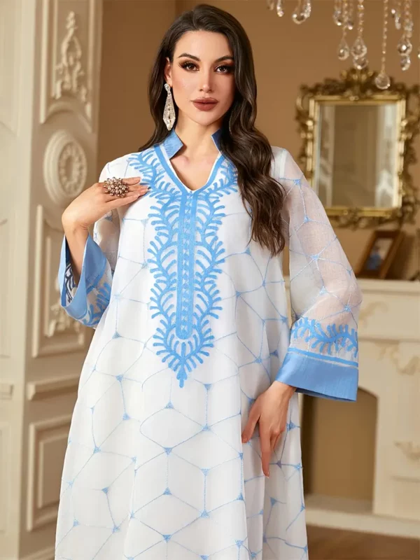 عباءة ماكسي مزينة بتطريز رمضان للنساء، تصميم شبكي مع خطوط زاهية، عباءة فضفاضة وأنيقة