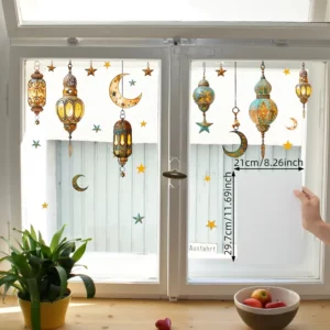 【أجواء احتفالية】 لافتات نافذة رمضان بتصميم قمر ونجمة - 30x60 سم، زينة PVC كهربائية ذات وجهين لغرفة النوم، الشرفة، والمناسبات الاحتفالية، تصميم عصري بحناجر ونجوم ذهبية، ديكور منزلي إسلامي