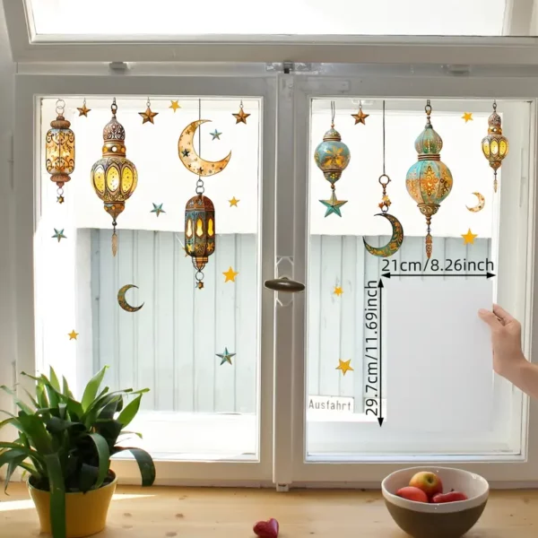 【أجواء احتفالية】 لافتات نافذة رمضان بتصميم قمر ونجمة - 30x60 سم، زينة PVC كهربائية ذات وجهين لغرفة النوم، الشرفة، والمناسبات الاحتفالية، تصميم عصري بحناجر ونجوم ذهبية، ديكور منزلي إسلامي