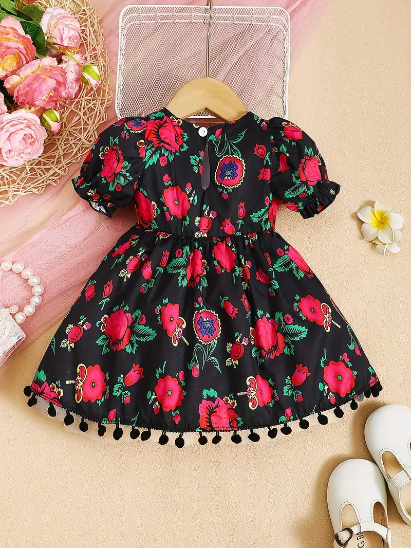 فستان قصير الأكمام للبنات الصغيرات بمناسبة رمضان، فستان مكون من تول مع نقوش الورد، مناسب للفتيات من عمر 0-1 للاحتفال بعيد الفطر