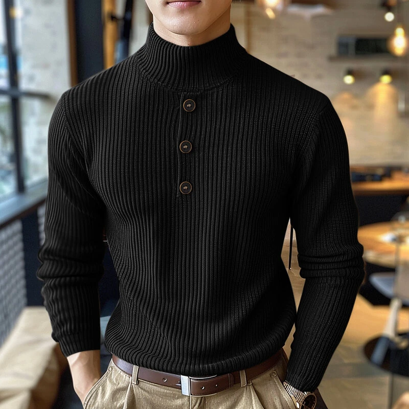 INCERUN سترة بأكمام طويلة للرجال بتصميم بسيط بياقة مدورة مريحة بلون س solidللرجال خريف شتاء - أسود S