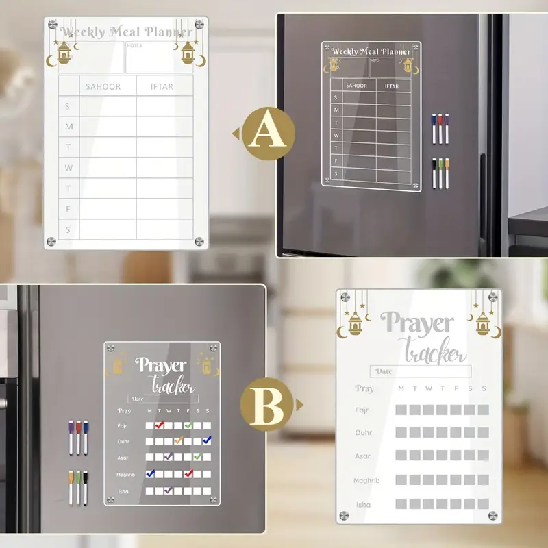 1 قطعة لوحة مخطط أسبوعية مغناطيسية شفافة من الأكريليك قابلة للمسح الجاف - عالية الجودة، مقاومة للماء والتآكل مع أقلام قابلة للمسح لخطط رمضان والوجبات اليومية، مذكرة رسائل للثلاجة