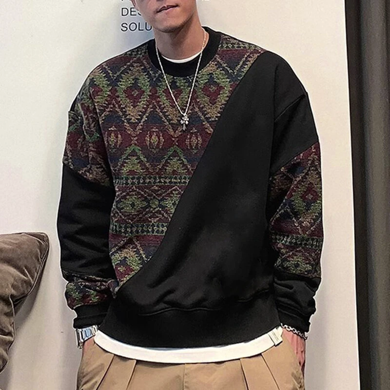 INCERUN سترة هودي بومشي للرجال بطباعة بوتيك بأكمام طويلة مريحة وياقة دائرية بألوان مريحة بقصة فضفاضة من S-5XL - أسود S