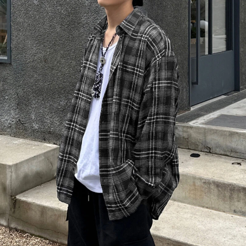 قميص رجالي غير رسمي بأكمام طويلة بتصميم كاريه بالأسود والأبيض من INCERUN، قميص رجالي مزود بأزرار للمناسبات اليومية - أسود S