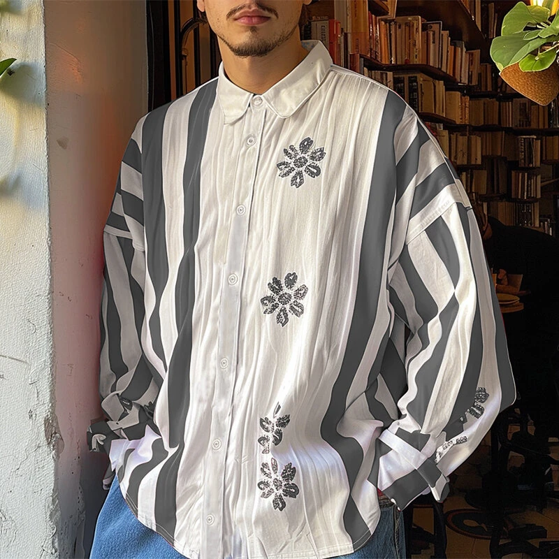 قميص طويل الأكمام مزخرف بالأزهار مقلم للرجال من INCERUN موضة كاجوال مزود بأزرار ياقة مناسبة فضفاضة S-5XL - أحمر S