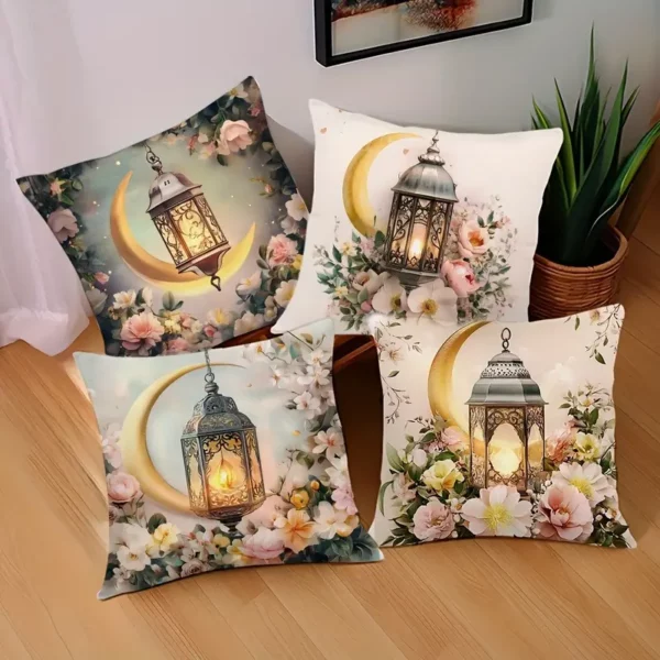 مضان 4 قطع أغطية وسائد مطبوعة بنقوش زهرة الهلال والفانوس، بوليستر ناعم وصديق للبشرة، أغطية وسائد للأريكة بسحاب لديكور المنزل، غسيل يدوي فقط، سريع الجفاف، أماكن متنوعة، بدون نواة وسادة