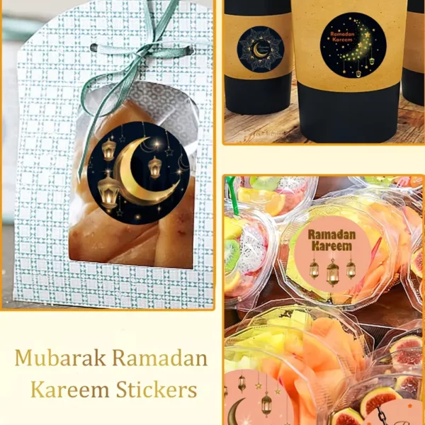 ملصقات القمر في رمضان، لفة 500 قطعة، ملصقات ذاتية اللصق من البولي فينيل كلوريد مقاومة للماء، لمسة مطفأة، شكل دائري، للاستعمال مرة واحدة، لتعبئة الهدايا، هدايا الحفلات، زينة إسلامية مسلمة