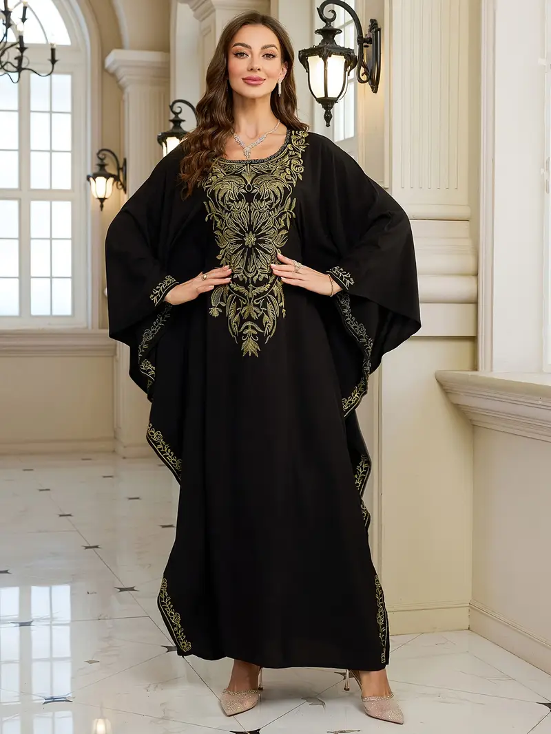 فستان طويل أنيق ومتفاخر بأسلوب عرقي EDOLYNSA برقبة دائرية وأكمام طويلة، رداء شامي عصري لحفلات رمضان والشاطئ والعطلات، قفطان غطاء للشاطئ Q1786