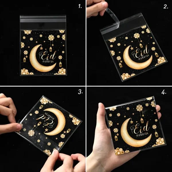 ⁦50/100 قطعة أكياس حلوى عيد مبارك، تصميم قمر فانوس⁩ - الصورة ⁦2⁩