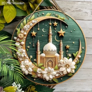 1 قطعة رمضان عيد مبارك زهور بيضاء متفتحة ذهبية خضراء شجرة خشبية مسطحة لتعليق إكليل الشرفة هدية طباعة لافتة زينة المنزل، زينة شجرة معلقة للحديقة غرفة احتفالات لوازم الحفلات