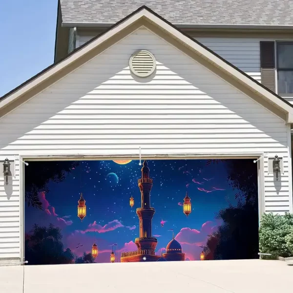 1 قطعة غطاء باب جراج فانوس رمضان الملون - تصميم سماء ليلية ساحرة مع الهندسة المعمارية الإسلامية، مثالي لتجمعات العطلات والاحتفالات الخارجية، سهل التعليق، بوليستر، لا يتطلب طاقة، ديكور منزلي إسلامي