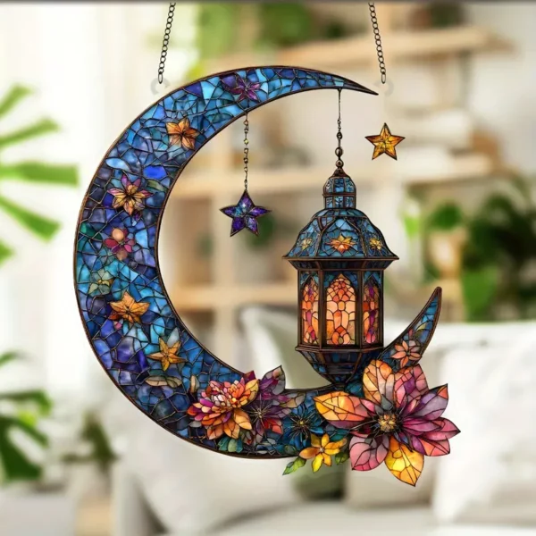 مكون من 1 قطعة سونكاتشر رمضان بأسلوب الفينتاج، 22.86 سم x 21.08 سم، معلقة جدارية من الأكريليك الملون بتصميم هلال وضوء زهور - ديكور فني داخلي لغرفة النوم والمنزل، هدية مثالية للأخوات، الأصدقاء، الأمهات