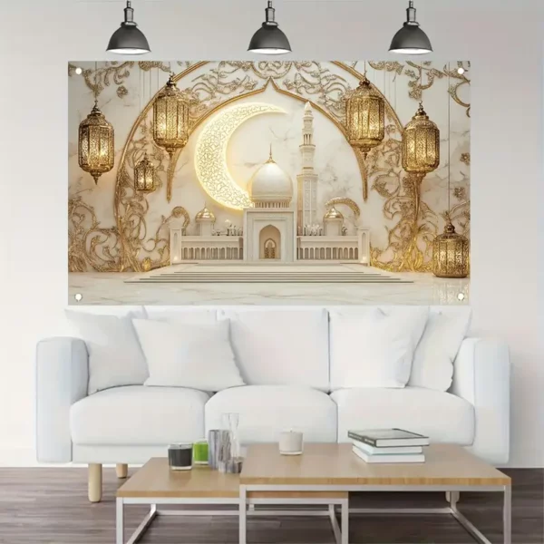 1 قطعة لافتة حفلات رمضان من البوليستر، 180.34x109.22 سم - تصميم أنيق للهندسة المعمارية الإسلامية مع فوانيس ذهبية وحلقة القمر، مثالية لخلفية التصوير، زينة العطلات الخارجية، ديكور الحديقة المنزلية والفناء، ديكور المنزل الإسلامي