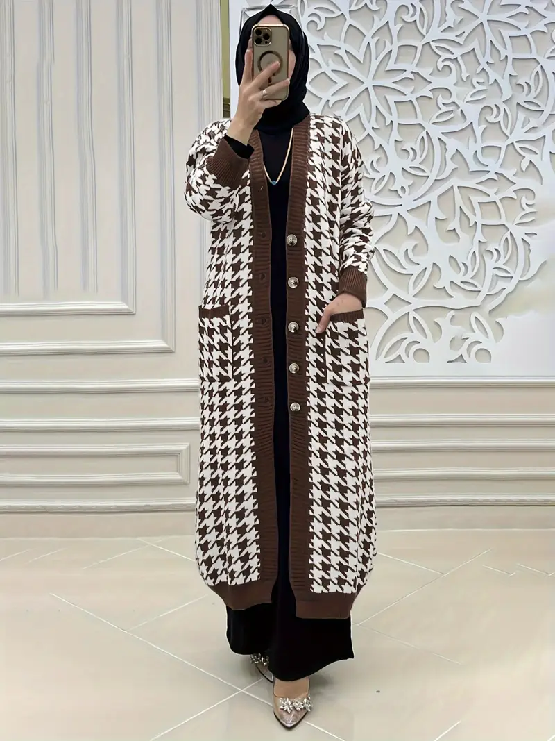 كارديغان نسائي أنيق بنقشة هاوندستوث - مفتوح من الأمام، بتفاصيل أزرار، قابل للغسل في الغسالة - خليط بوليستر وسباندكس، شبه أوروبي، مسلم