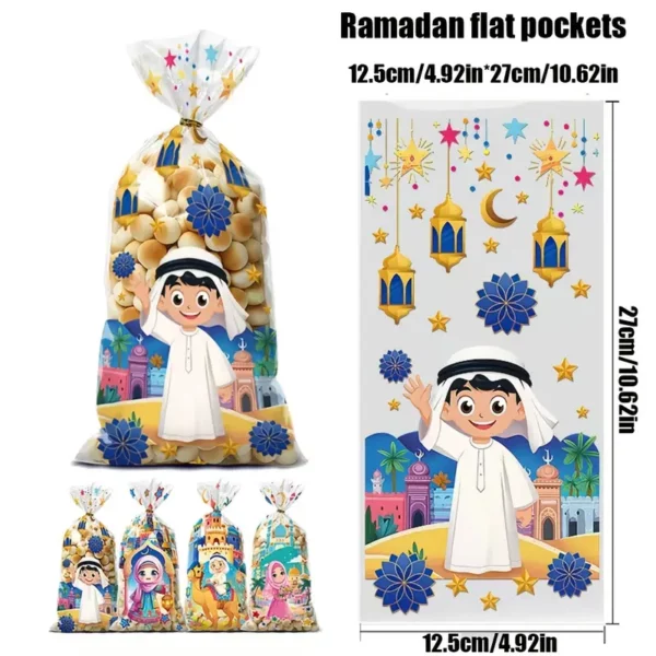 عبوات هدايا مسطحة رمضان - 50 قطعة، مزيج 4 في 1، شفافة بتصميم القمر والنجوم والقلاع، شخصيات كرتونية، مقاومة للرمال، أكياس بلاستيكية قابلة لإعادة الاستخدام مع حبال للسحب، لتزيين المنزل ولوازم الحفلات في عيد مبارك