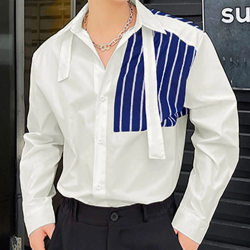 قميص طويل الأكمام بتصميم أنيق بألوان متداخلة للرجال من INCERUN تصميم أزياء توب يتناسب مع الأحجام الكبيرة مريح للرجال من S-5XL - أسود م