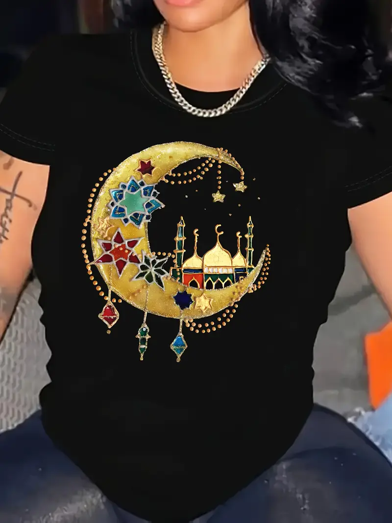 تيشيرت نسائي أنيق بطبعة هلال رمضان ومسجد - كاجوال بأكمام قصيرة، ياقة دائرية، بوليستر، قابل للغسل في الغسالة، شبه شفاف - تصميم مستوحى من الشرق الأوسط الأنيق