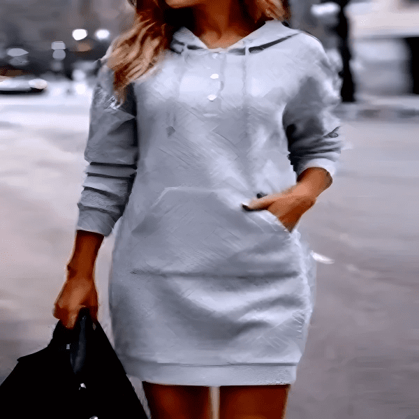 فستان كاجوال بغطاء رأس وأزرار أمامية بتصميم جيب الكنغر