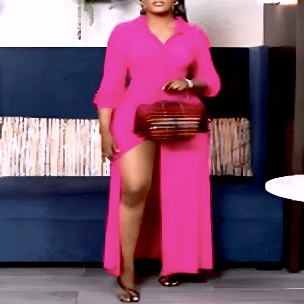 فستان ماكسي كاجوال بأكمام طويلة وياقة مطوية وقميص بأزرار