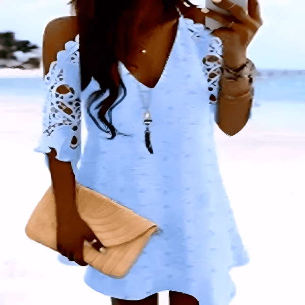 فستان صيفي مستقيم بدون أكمام وفتحة رقبة على شكل حرف V وحاشية من الدانتيل
