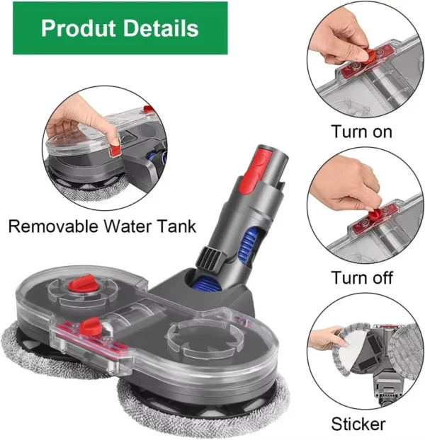 ⁦ملحق رأس الممسحة الكهربائية لـ Dyson V7 V8 V10 V11 مع خزان مياه و 6 وسادات ممسحة. ABS عالي الجودة لتنظيف الأرضيات المتنوع⁩ - الصورة ⁦4⁩