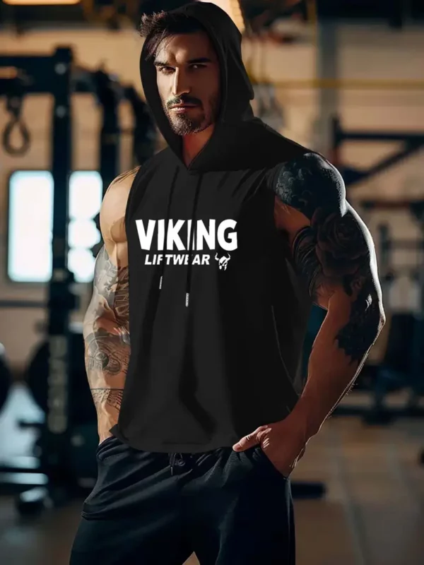 قميص رجالي بدون أكمام بغطاء للرأس - طباعة Viking Liftwear، أسود، بوليستر خفيف، ملابس صيفية عادية للجيم والخارج