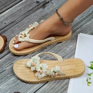 شبشب زهور للنساء في الصيف، أنيق، مقاوم للتآكل، مضاد للانزلاق، قاع مسطح، حذاء مشبك للنساء