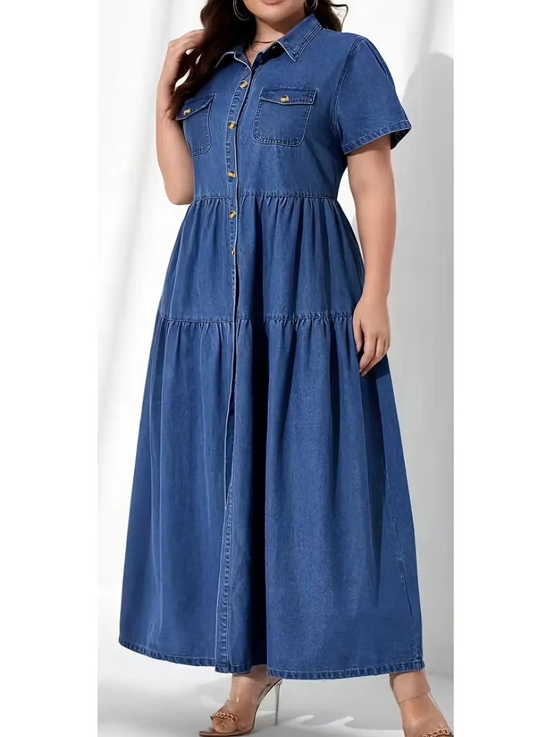 فستان دينم بمقاس كبير للنساء - ماكسي كاجوال بأكمام قصيرة مع جيوب مزدوجة، أزرق فاتح من القطن للزي العادي، أسلوب الشارع | ماكسي كاجوال | خليط قطن وبوليستر