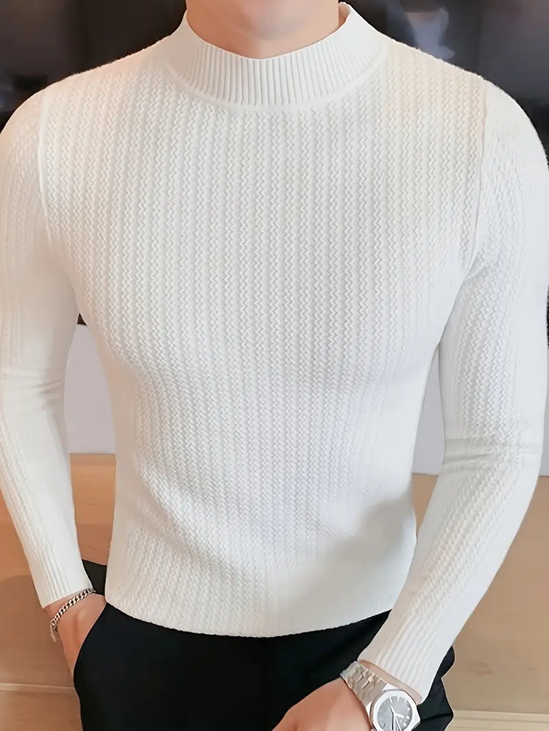 سويتر رجالي ضيق مضلع محبوك - سويتر قطني ناعم بأكمام طويلة وياقة واقفة للخريف/الشتاء، لون سادة، أسلوب الشارع، غسيل يدوي فقط