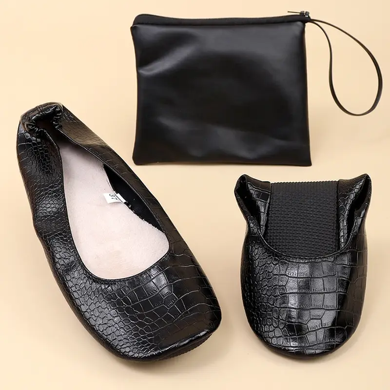 أحذية نسائية سوداء بنقشة حجرية من البولي يوريثان سهلة الارتداء - أحذية باليه خفيفة ومريحة للحفلات، المناسبات والارتداء اليومي مع بطانة قماشية ونعل TPR