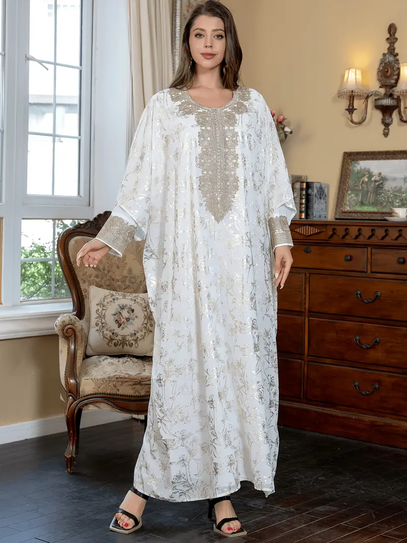 طقم جيلبيا نسائي عربي طويل من الشيفون ذو أكمام مستقيمة ومقاس عادي بتصميم V-نك للنساء المسلمات في الشرق الأوسط