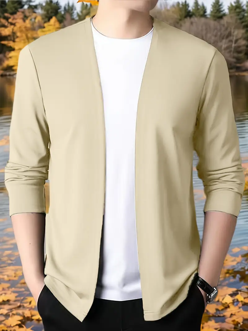 سترة كاردigan للرجال بلون موحد لفصلي الربيع والخريف، ملابس خارجية عصرية محبوكة، سترة خفيفة غير رسمية ومتعددة الاستخدامات، جاكيت كاردigan رقيق للرجال.