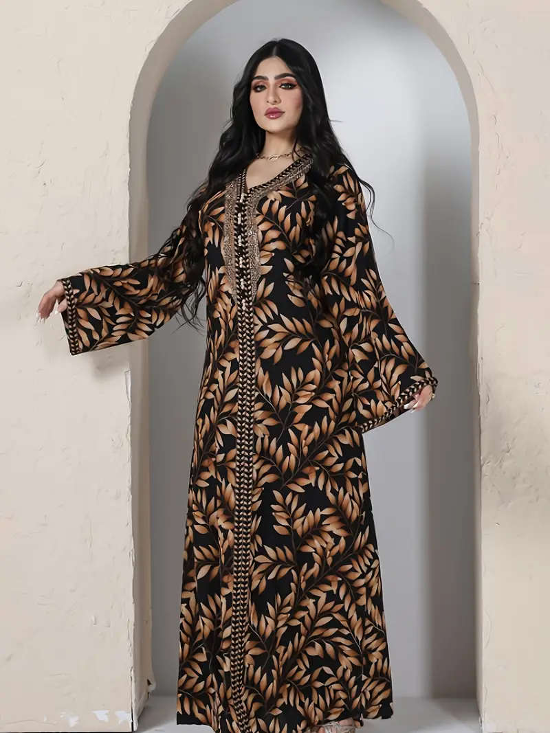 فستان قفطان بطباعة وفتحة رقبة على شكل V ...