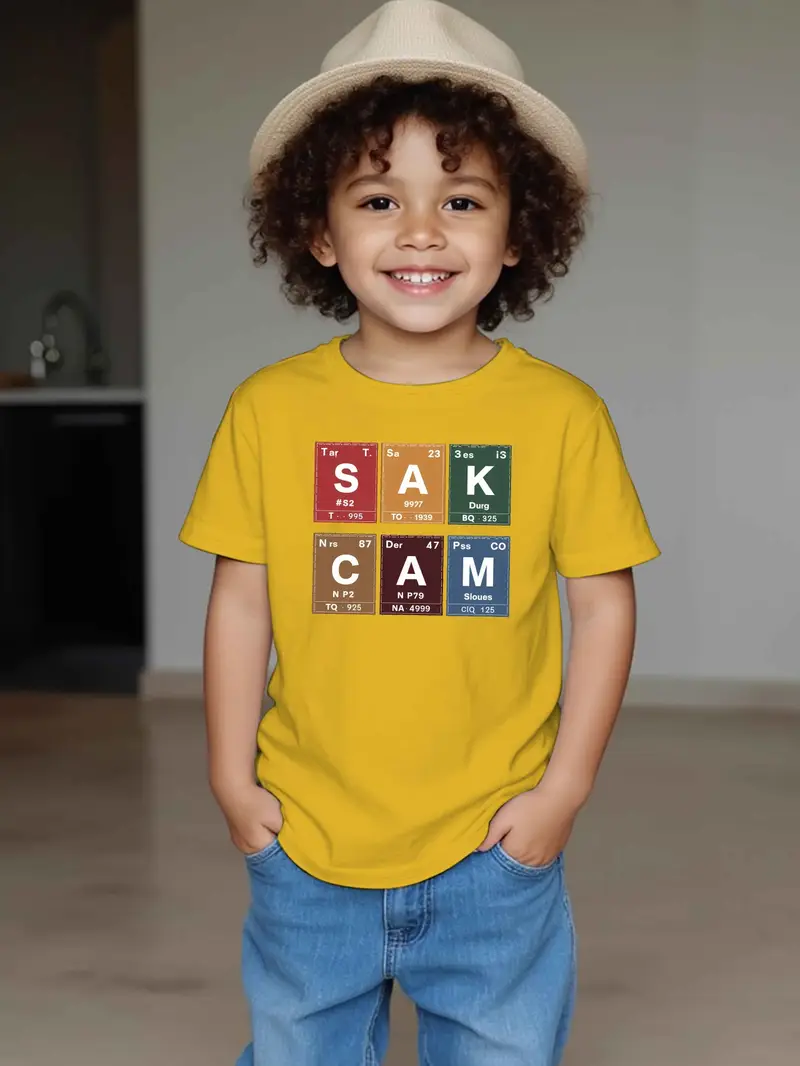 قميص مطبوع عليه حروف الأبجدية الكيميائية للأطفال، قميص بوليستر عارضة الرقبة غير رسمي، قميص صيفي قصير الأكمام للأولاد والبنات، قميص من نسيج محبوك بمقاس عادي