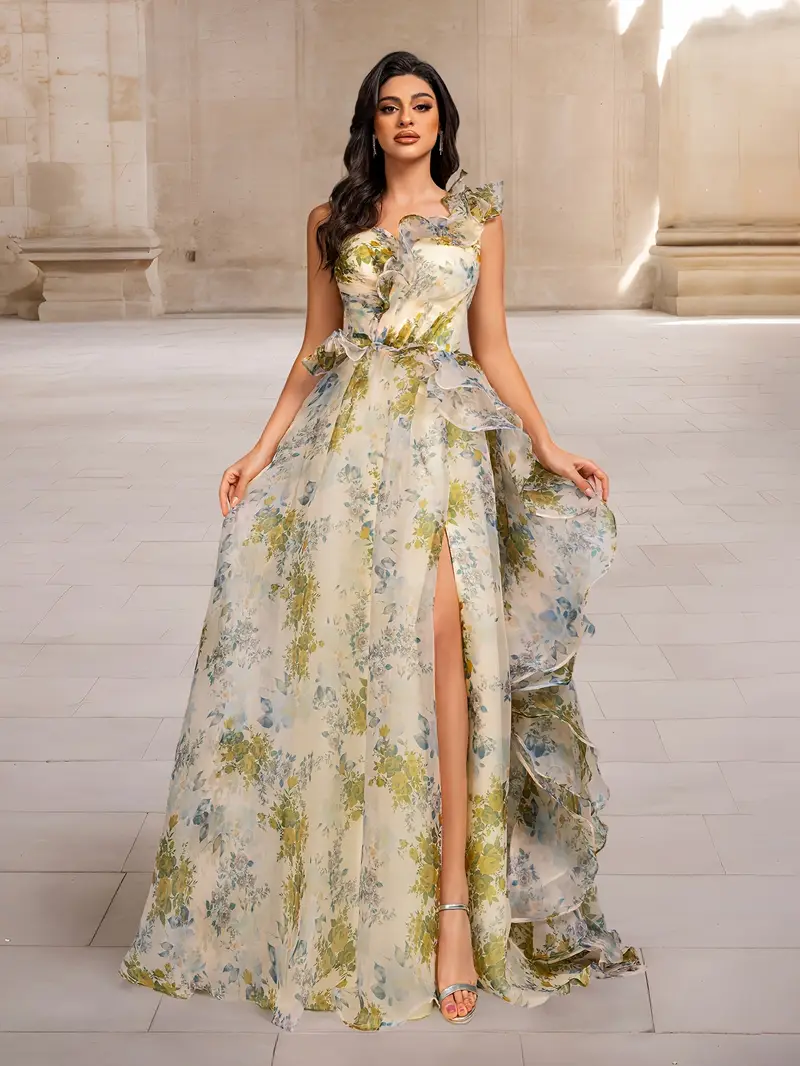 فستان سهرة نسائي مطبوع عليه زهور، فستان أنيق للحفلات