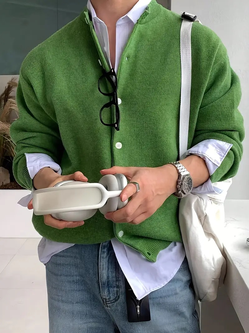 كارديجان رجالي كاجوال بلون سادة محبوك - سويتر بأكمام طويلة وأزرار مريح للخريف/الشتاء، خليط بوليستر، أسلوب كوري، مقاس فضفاض