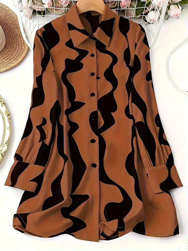 قميص نسائي أنيق بأكمام طويلة وأزرار مع طباعة عشوائية فريدة، بوليستر، مثالي للربيع والخريف - تصميم أنيق باللون البني والأسود