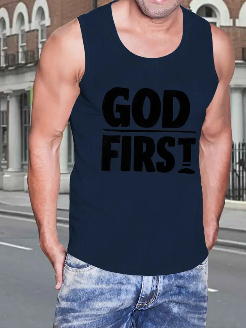 قميص رجالي بدون أكمام برسمة "الله أولاً" - لون كستنائي مع طباعة سوداء، بوليستر خفيف، ملابس صيفية عادية، قابل للغسل في الغسالة، قميص رياضي | قميص بيان | ألياف بوليستر