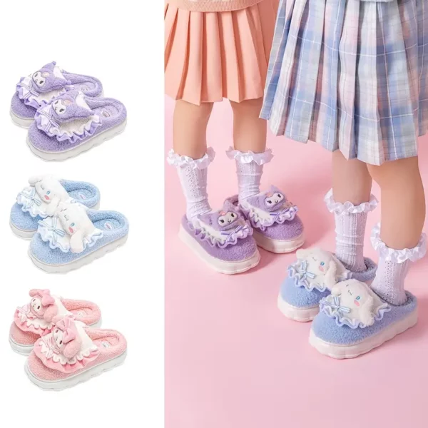 أحذية منزلية داخلية غير رسمية للجنسين مبطنة بالقطيفة مع تصميم كرتوني لطيف من Sanrio Melody KuromiCinnamoroll