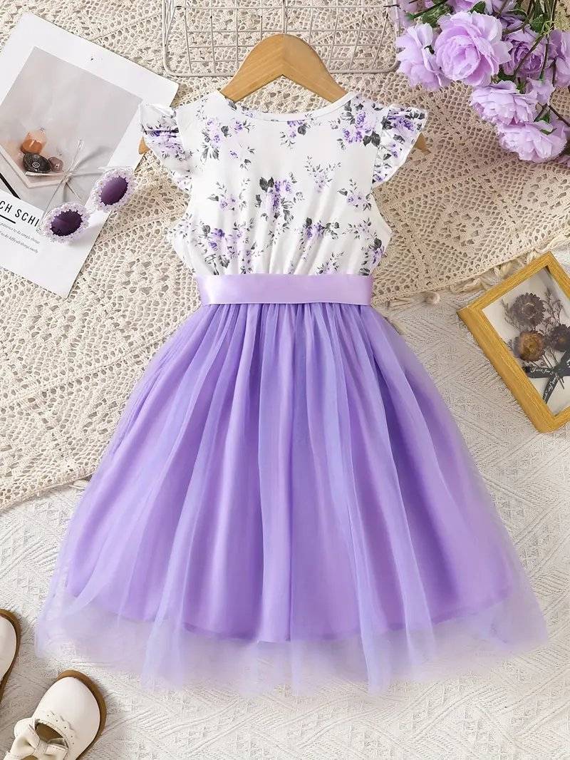 فستان نسائي بدون أكمام برقبة دائرية محبوك للفتيات مع أكمام أنيقة مطبوعة بتصميم أزهار رقمية، مثالي للعطلات والحفلات على الشاطئ والهدايا، ويأتي مع شريط.