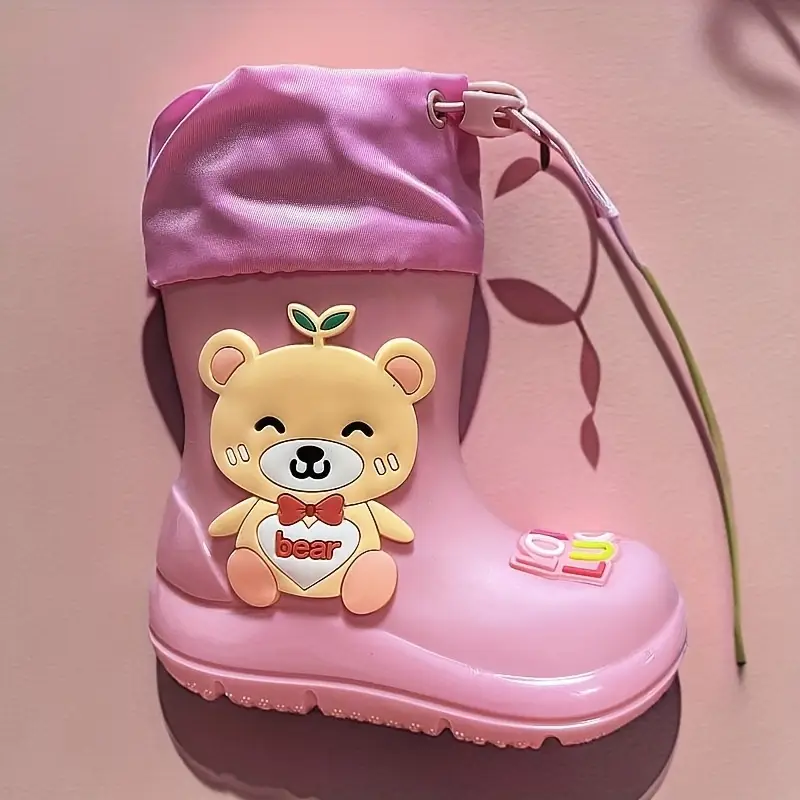 أحذية مطر للبنات الرائعة بتصميم دب كرتوني وردي - غير قابلة للانزلاق، مقاومة للماء، مرنة حتى الكاحل مع تفاصيل فيونكة، مثالية للمغامرات الخارجية والمرح على الشاطئ