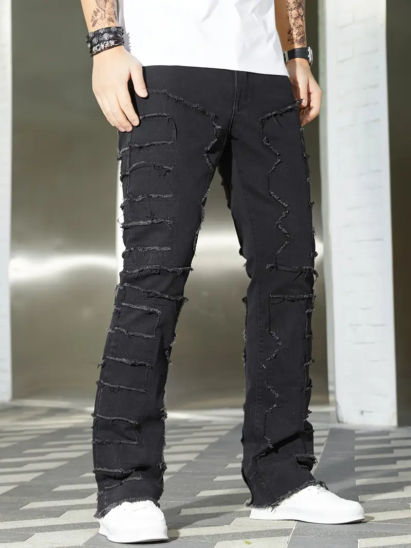 جينز دنيم للرجال، خصر متوسط مع حواف ممزقة، بنطلون مستقيم مريح مع سحاب، تصميم مطرز، 35% قطن، 35% بوليستر، 1% سباندكس، وزن القماش 280 جرام/م²، طول ميدي لفصل الربيع/الخريف - جينغ يوان شي