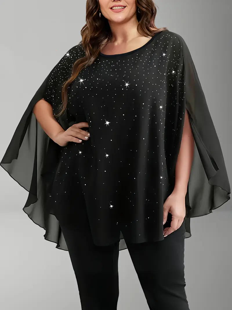 قميص شيفون أنيق بحجم كبير مع رقبة طاقمية وفتحات بأكمام مزينة بالترتر - مزيج بوليستر، رقبة مستديرة، قصة H، طول عادي، مناسب للمواعيد المسائية، فصلي الربيع/الخريف