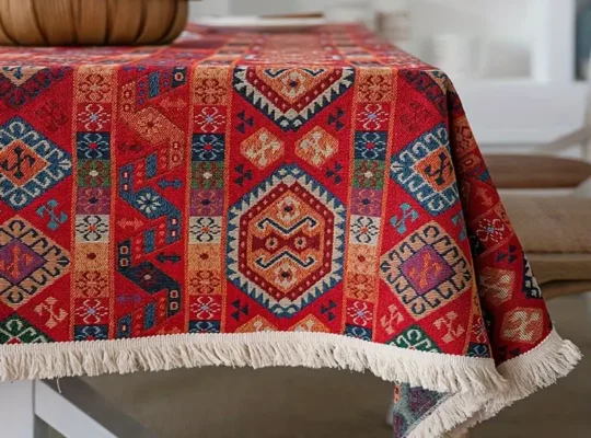 غطاء طاولة عيد الميلاد، قماش جاكار أحمر مبهج