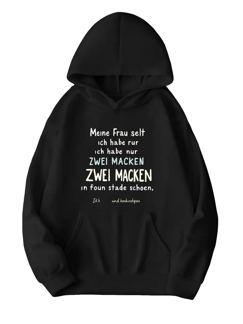 سويتشيرت بقلنسوة أسود للأولاد - "يقول زوجتي" مقولة ألمانية مضحكة، أكمام طويلة، مقاس فضفاض، بوليستر، ملابس كاجوال للخريف/الشتاء، هودي للأولاد