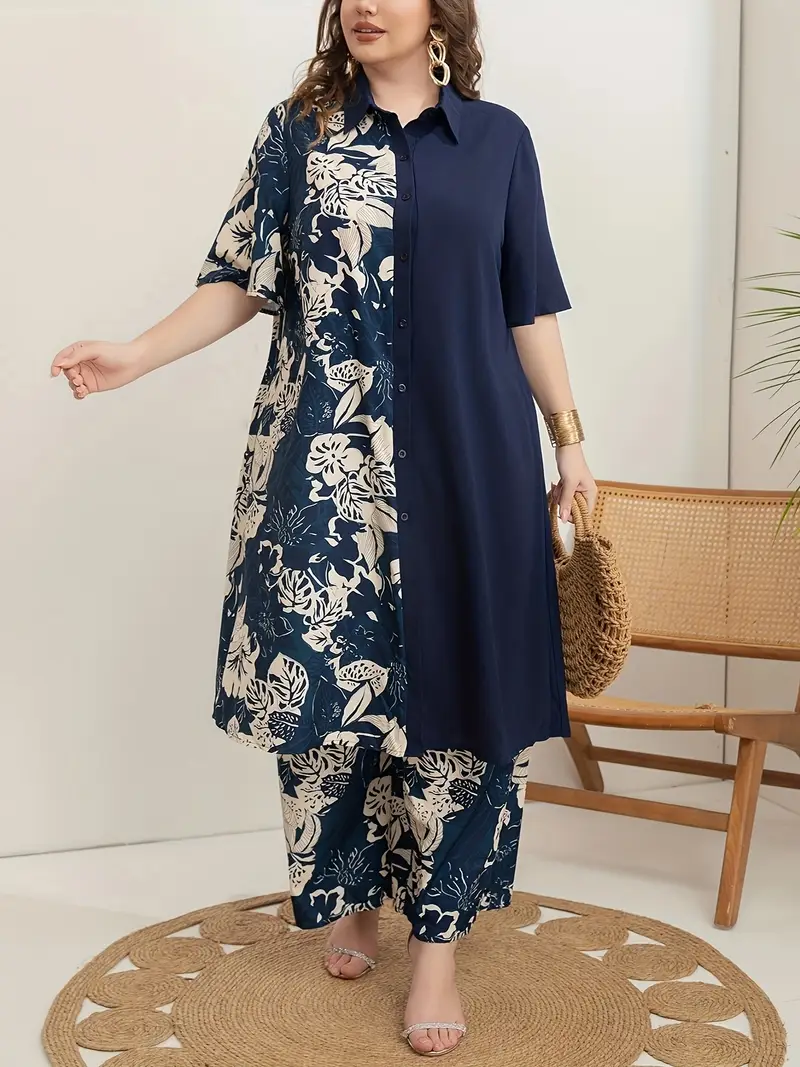 مجموعة نسائية من قطعتين بتصميم عارض على شكل زهور، من البوليستر 100%، ياقة مدببة، تمتد قليلاً، قماش منسوج، 130 جرام/م² - ملابس عارضة