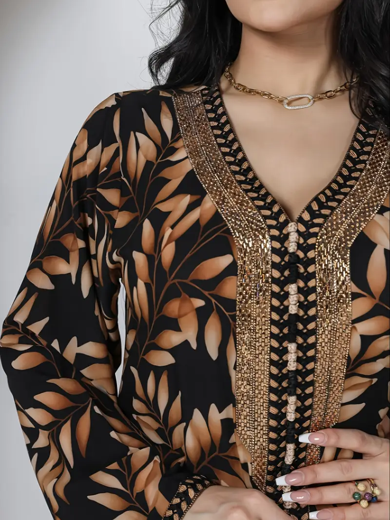 فستان قفطان بطباعة وفتحة رقبة على شكل V - الصورة 2