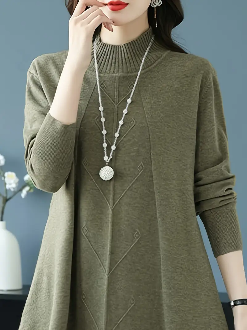 فستان سويتر بنمط محبوك بني أنيق بمقاس كبير - ياقة مزيفة أنيقة، أكمام طويلة، بلوفر متوسط الطول للنساء بتفاصيل نمط الماس الفريد، مثالي للخريف/الشتاء