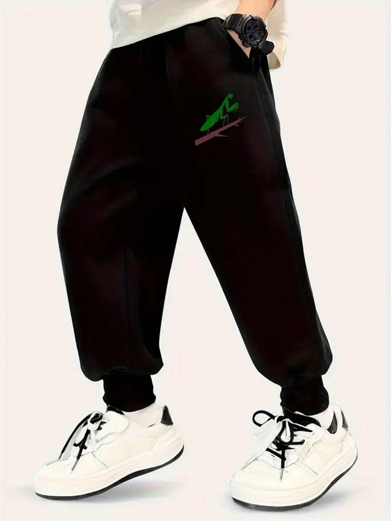 بنطلون جوجر للأولاد بتصميم كاجوال متين - بوليستر محبوك رمادي مع شعار، خصر مطاطي، مريح للارتداء في الخريف/الشتاء، مثالي للخارج