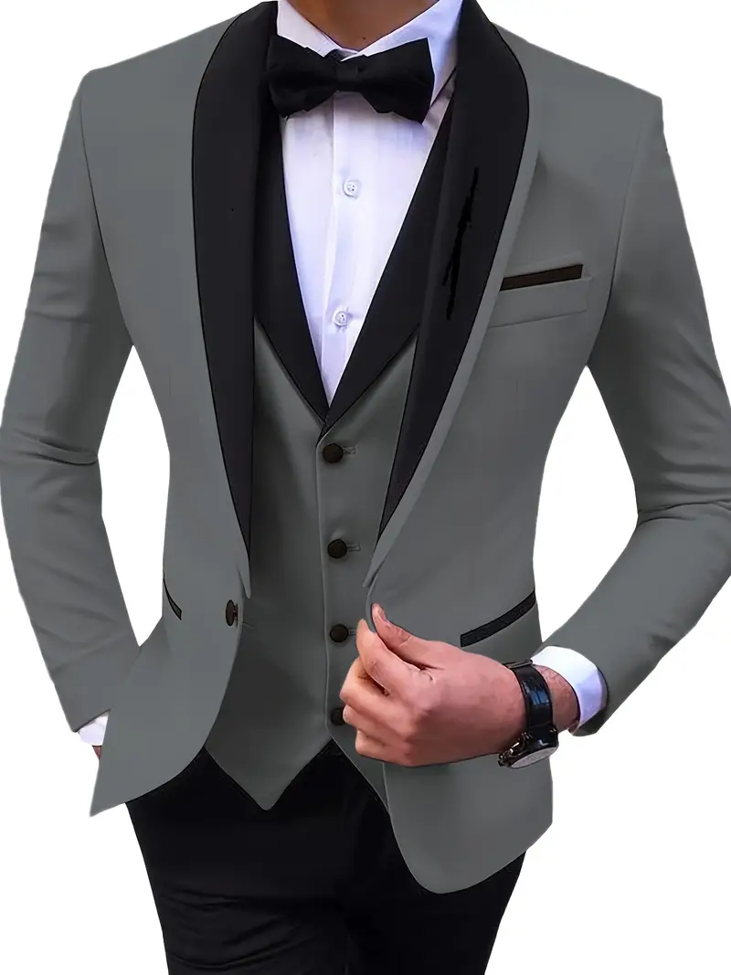 بدلة رجالية 3 قطع أنيقة لحفلات الزفاف والكوكتيل والمناسبات الرسمية، بدلة تاكسي أنيقة مع بلازير شال لابل + سترة + بنطلون